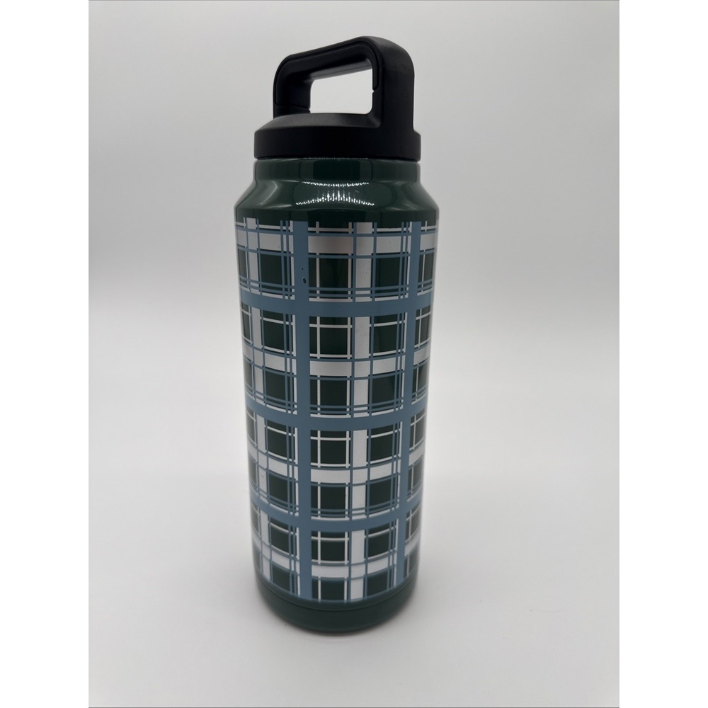 36 Ounce Insulated Stainless Steel Green Plaid Drinking Bottle With Screw on Lid